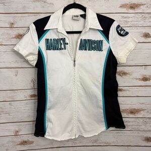 Harley Davidson White Graphic Embroidered Zipper Short Sleeve Top